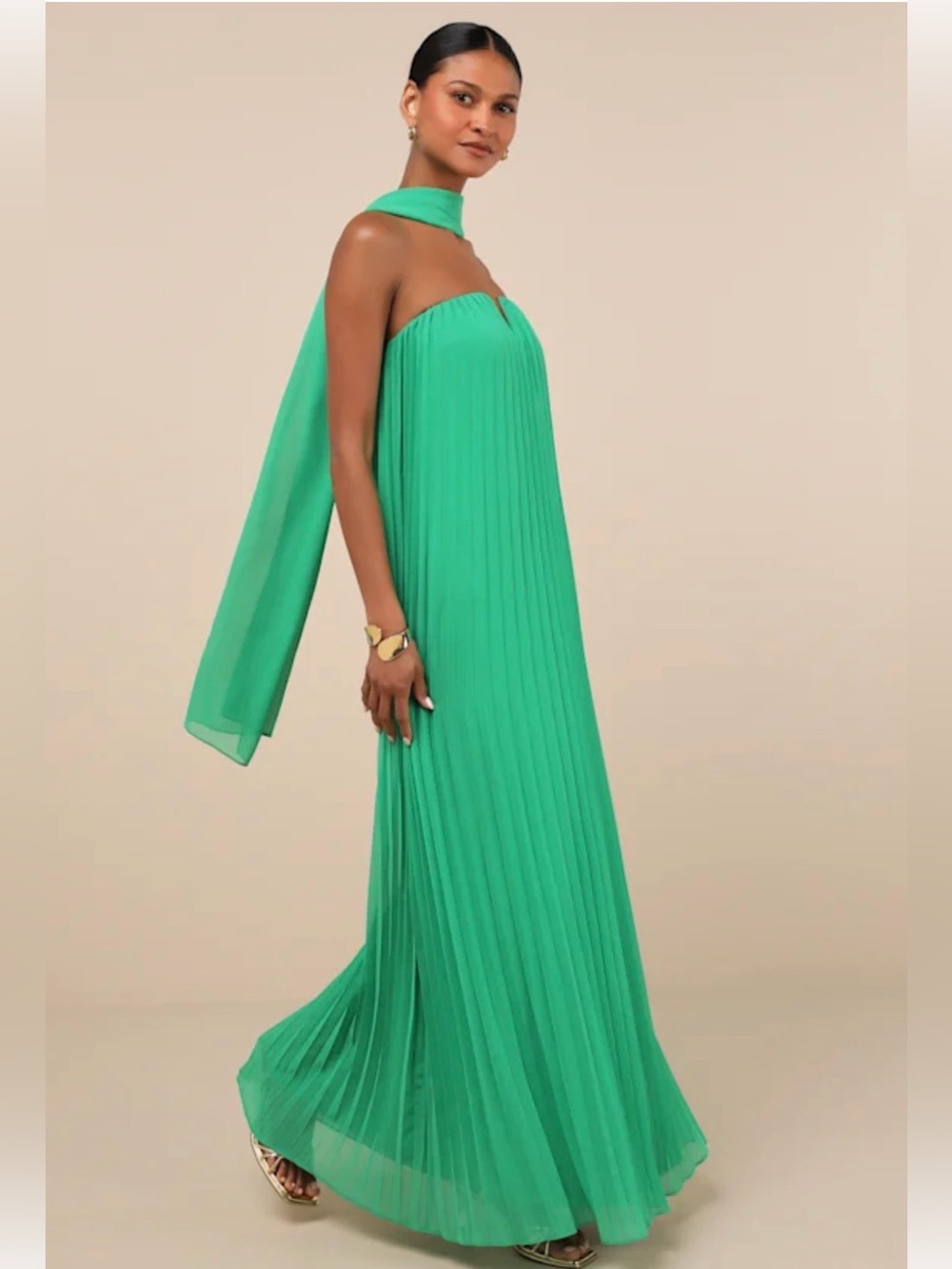 Lulus Lael Green Pleated Strapless Dress and Scarf Set (L)